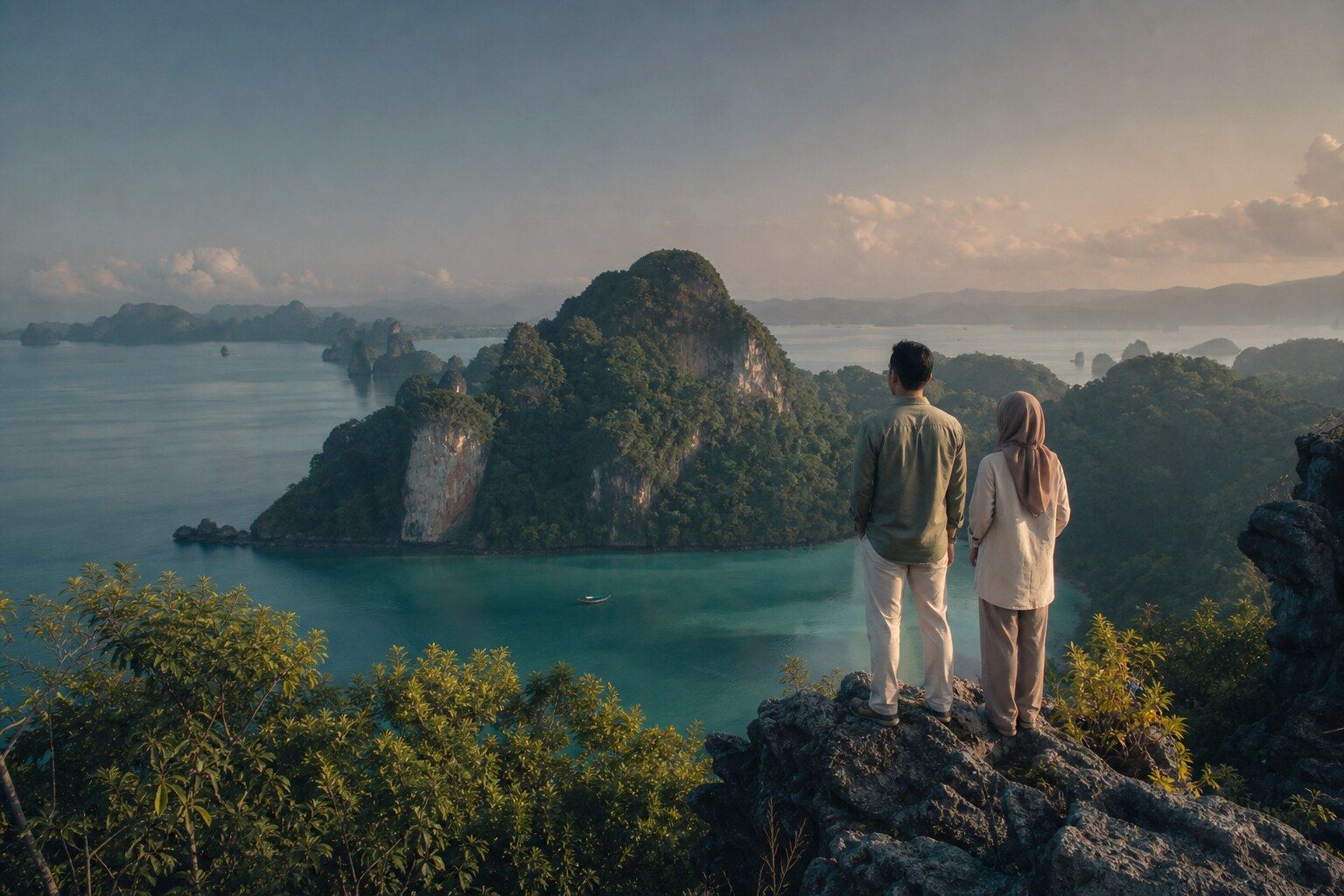 Two travellers overlooking limestone islands at sunrise