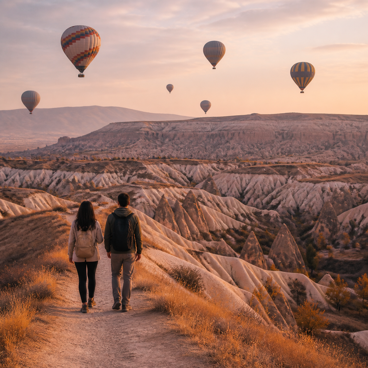 Travellers crossing a Cappadocia ridge as balloons drift over rose valleys at dawn