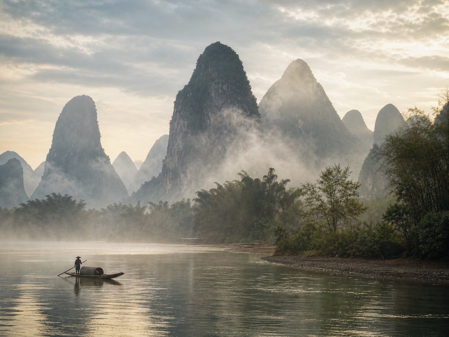 A boat crossing the misty Li River beneath karst peaks