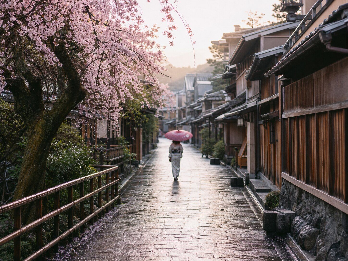 A traditional Kyoto lane beneath cherry blossoms