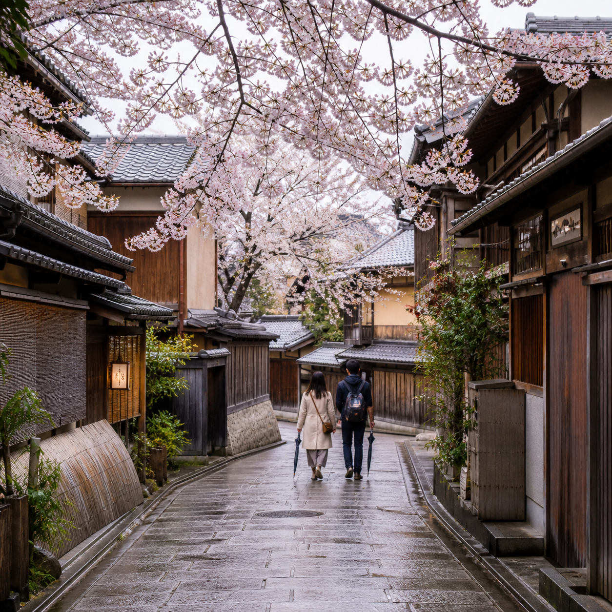 A quiet historic Kyoto lane in soft rain beneath early cherry blossoms