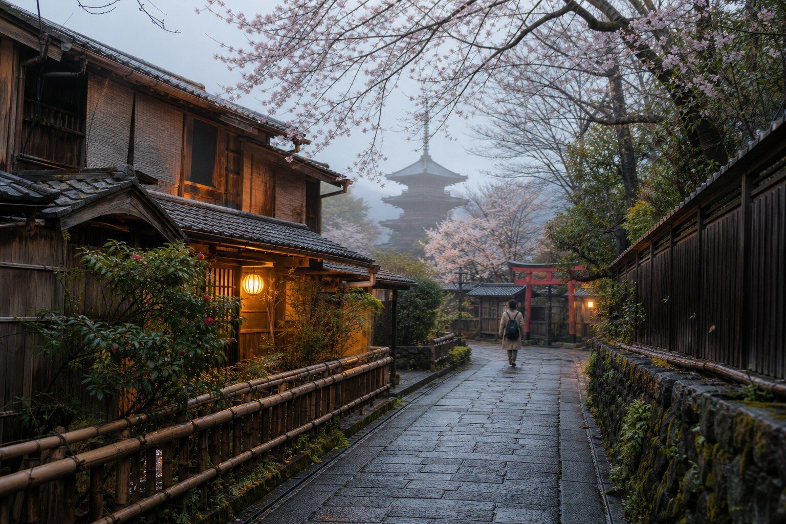 A rain-washed stone lane beneath cherry trees in Kyoto at dawn